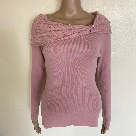 Weifanshu Size L Pink Crystal Beads Long Sleeve Work Winter Knit Sweater Shirt - Picture 1 of 10